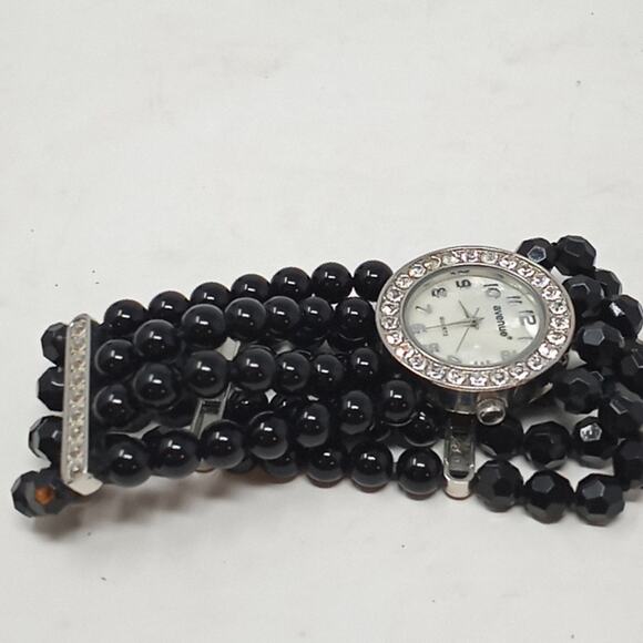 Avenue Womens Black 4 Strand Bead Bracelet Watch Mother of Pearl Face - Picture 5 of 10